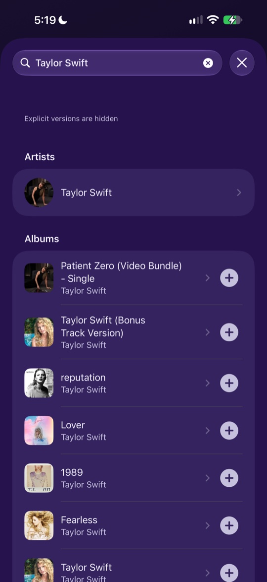 The grown-up area: searching Apple Music and adding an album with one tap